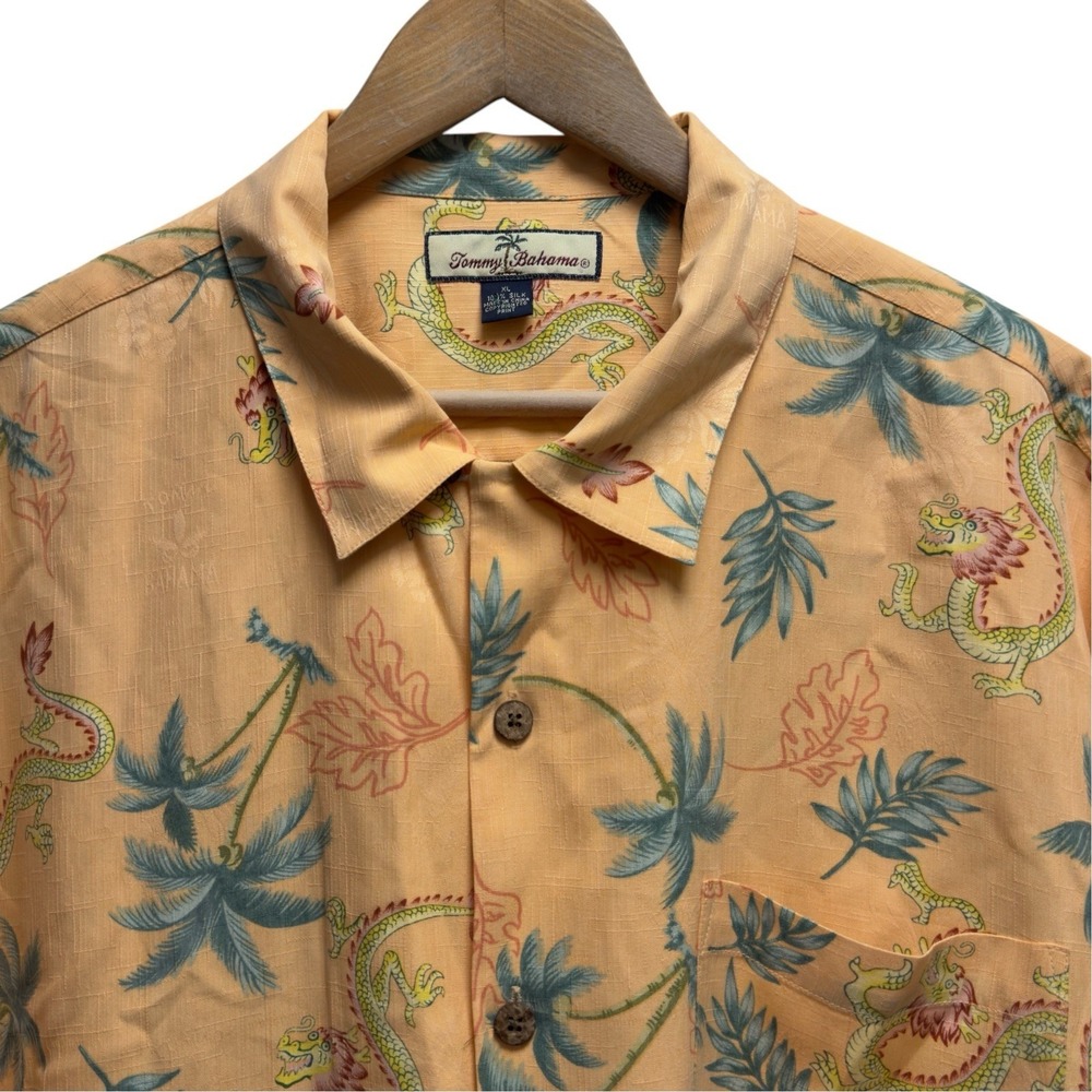 Tommy Bahama Men's XL Floral Palms & Dragons Orange Silk Hawaiian Camp Shirt euc